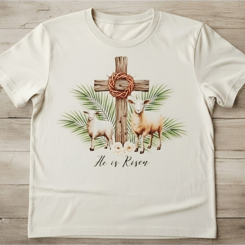 He Is Risen Christian Easter Tee • Cross & Lambs Graphic • Faith Shirt - Picture 9 of 12
